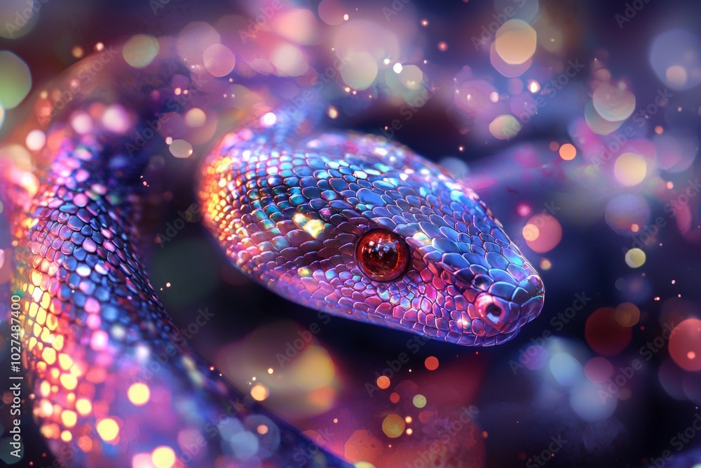 A colorful abstract snake, with a digital background featuring glowing lights and particles. A colorful abstract snake, with a digital background featuring glowing lights and particles.