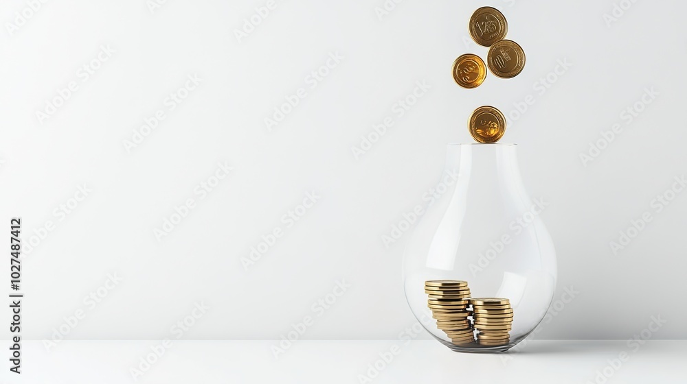 Coins Filling a Transparent Jar on White Background Coins Filling a Transparent Jar on White Background