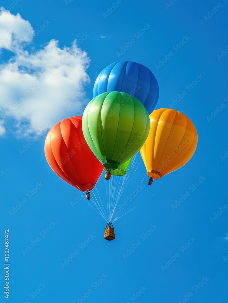 Naklejka premium A group of bright hot air balloons floats high in a clear blue sky, creating a cheerful and uplifting atmosphere in the air. Generative AI
