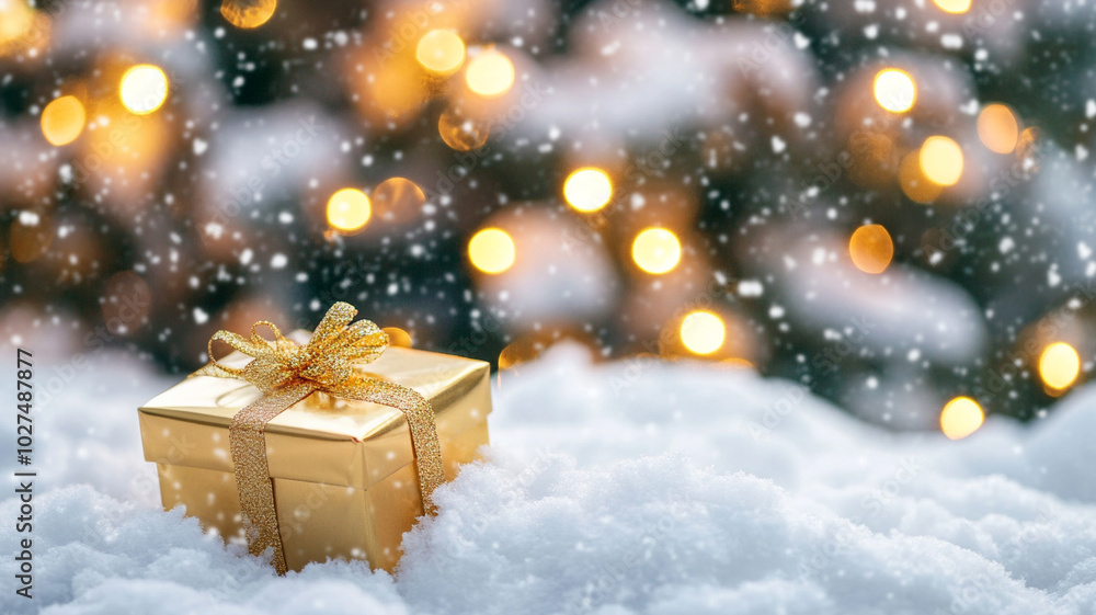 gold gift box on snow with blurred Christmas tree background gold gift box on snow with blurred Christmas tree background