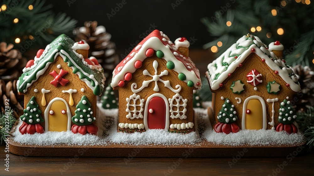 Three Decorated Gingerbread Houses with Snow and Christmas Lights Three Decorated Gingerbread Houses with Snow and Christmas Lights