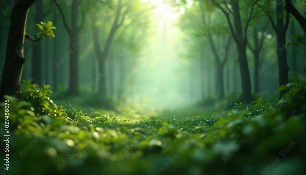 Obraz premium A lush green forest with sunlight shining through trees, illuminating the grass and plants, creating a serene and tranquil atmosphere.