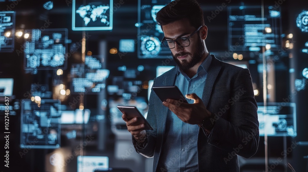Business executive checking multiple notifications on smart devices, with a backdrop of futuristic office tech. Business executive checking multiple notifications on smart devices, with a backdrop of futuristic office tech.
