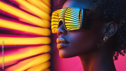 Stylish fashion black model poses with golden lipstick and futuristic sunglasses reflecting neon lights, embodying beauty and glamour with a trendy cyberpunk style in a vibrant nightlife scene