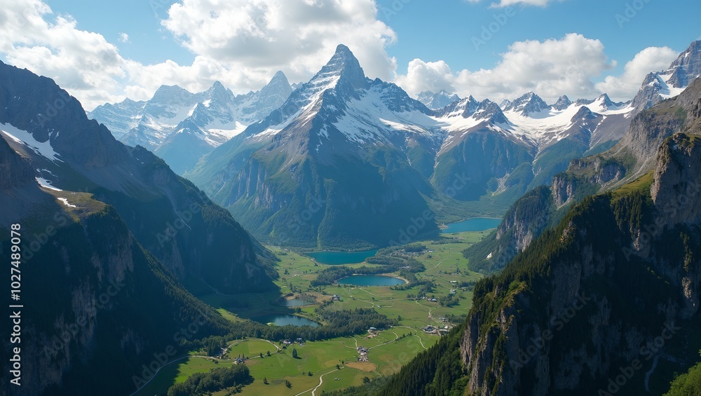 Fototapeta premium Majestic snow capped peaks overlooking verdant valleys with rivers