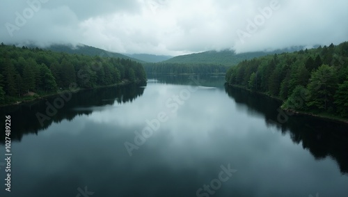 Tranquil lake in forest with mirror like water reflecting trees and clouds