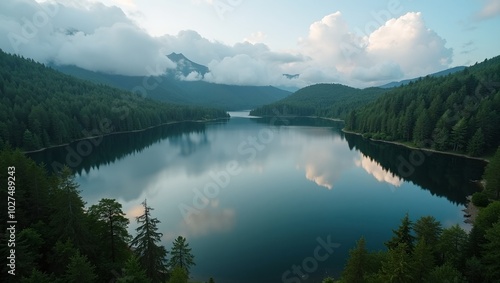 Tranquil lake in forest with mirror like water reflecting trees and clouds