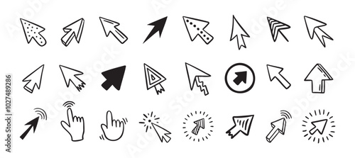 Cursor doodle icon set. Click cursor hand drawn set. Isolated mouse cursor 