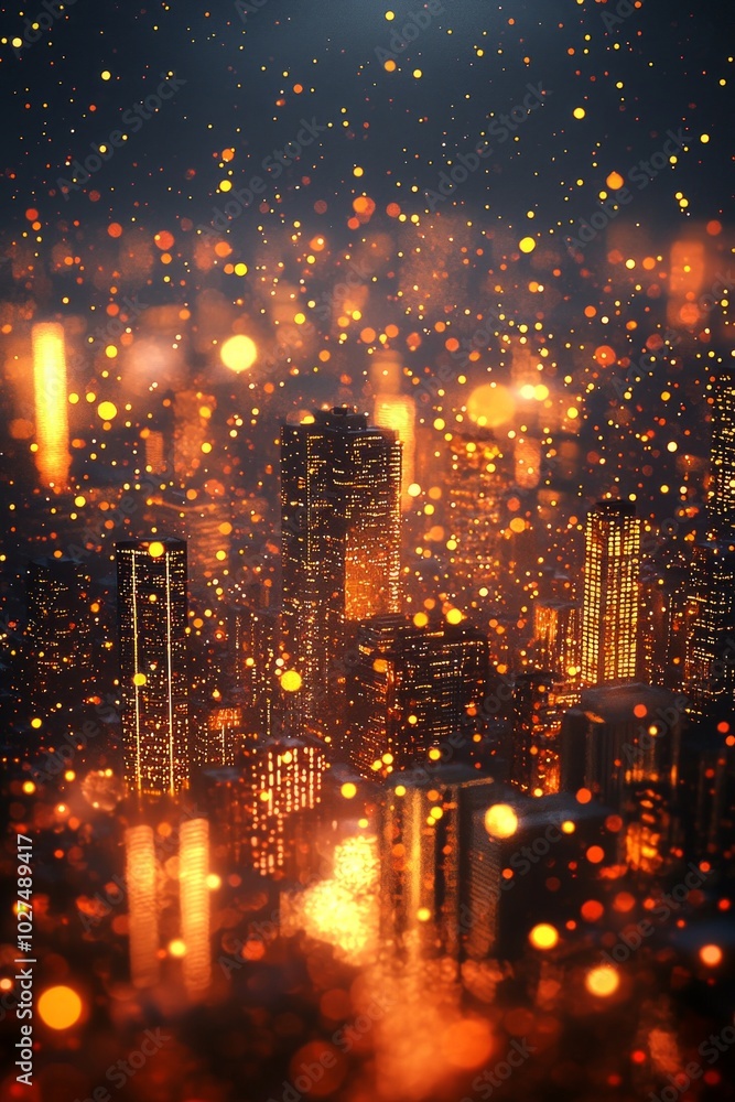 3D rendering of the city lights in orange and yellow, with blurred buildings at night. The city is surrounded by many small glowing light particles that give it an ethereal feel. 3D rendering of the city lights in orange and yellow, with blurred buildings at night. The city is surrounded by many small glowing light particles that give it an ethereal feel.