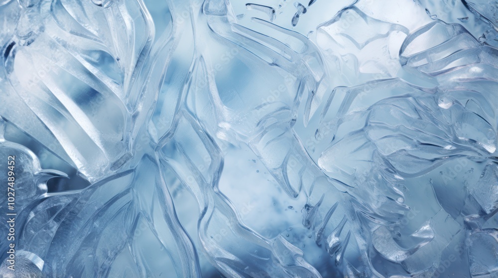 Fototapeta premium Close-Up of Intricate Frost Patterns on Glass. Cool Blue Tones. Winter Background