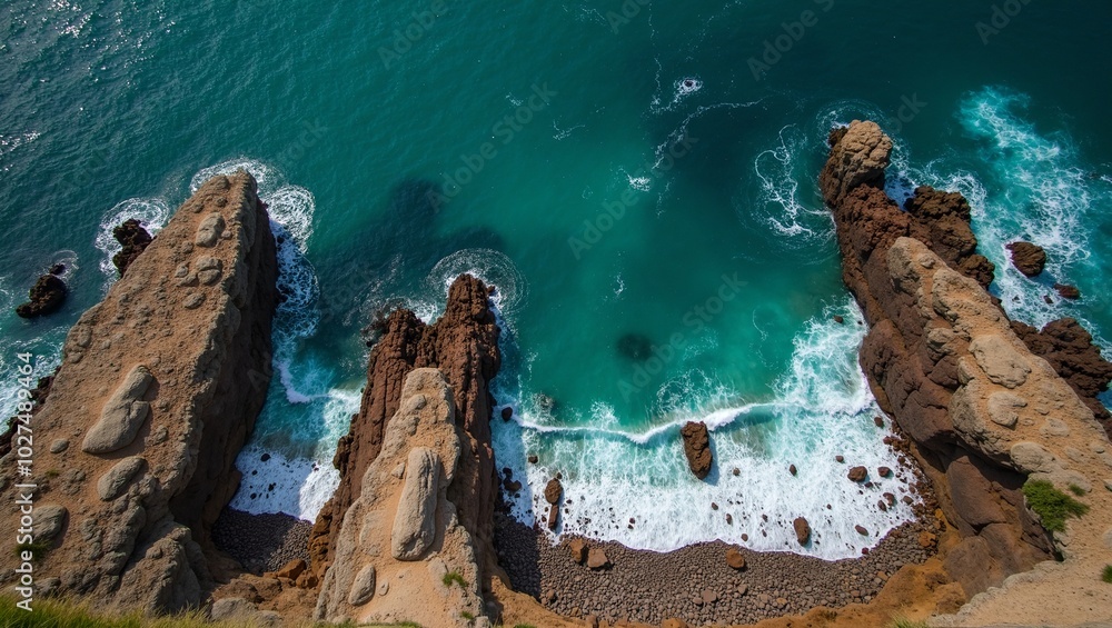 Aerial view of dramatic coastline with cliffs ocean waves and tide pools Aerial view of dramatic coastline with cliffs ocean waves and tide pools