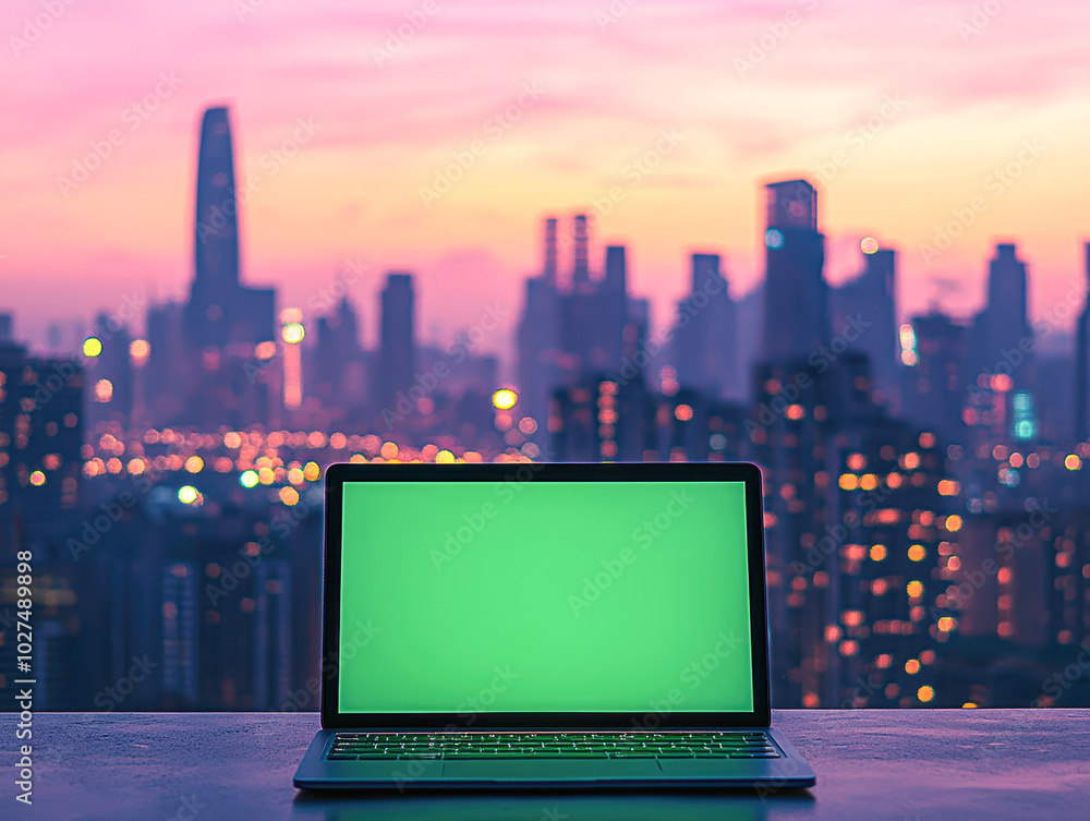 A laptop is open on a ledge in front of a city skyline A laptop is open on a ledge in front of a city skyline