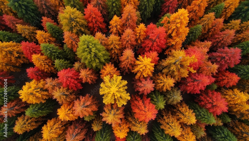 Vibrant autumn forest with red orange yellow trees forming colorful canopy Vibrant autumn forest with red orange yellow trees forming colorful canopy