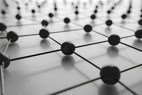 A black and white photo of a network of spheres