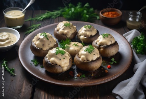 stuffed mushrooms with cheese in the black plate