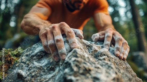 hands gripping a rock during a bouldering session, illustrating focus and determination photo