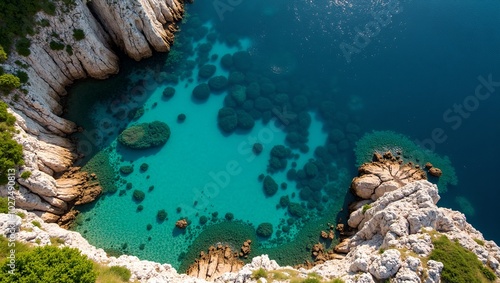 Secluded cove with crystal clear waters jagged cliffs and green vegetation