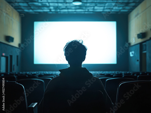 A man sits in a movie theater watching a film photo