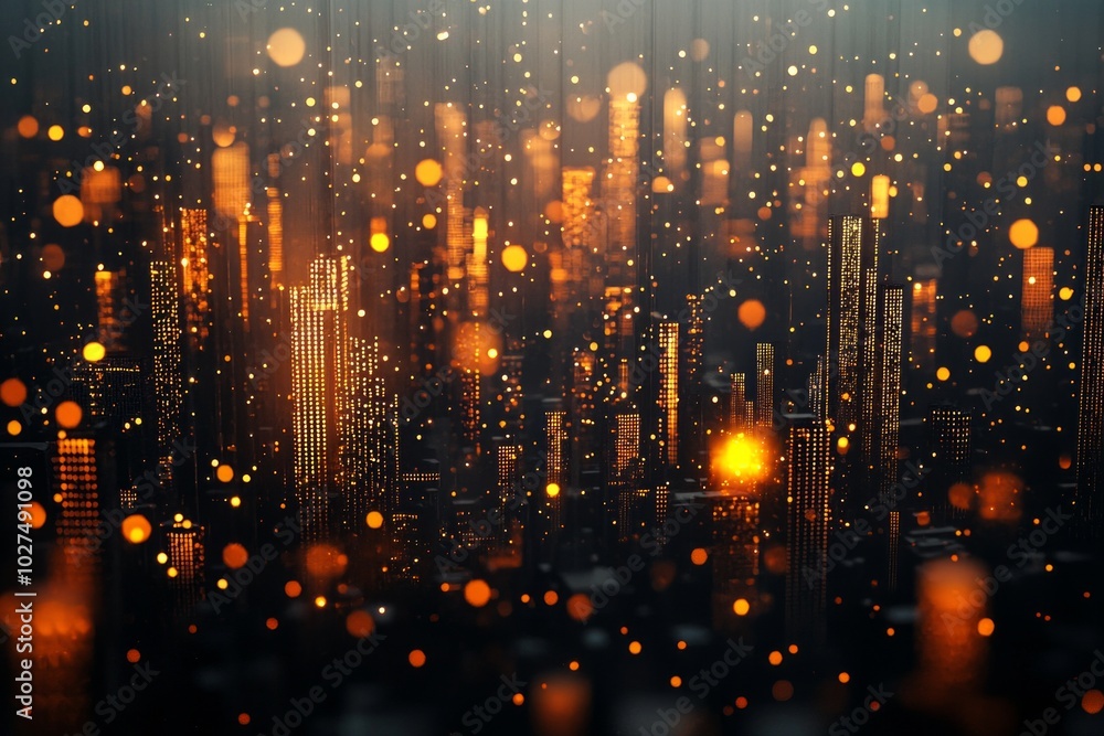 3D rendering of the city lights in orange and yellow, with blurred buildings at night. The city is surrounded by many small glowing light particles that give it an ethereal feel. 3D rendering of the city lights in orange and yellow, with blurred buildings at night. The city is surrounded by many small glowing light particles that give it an ethereal feel.