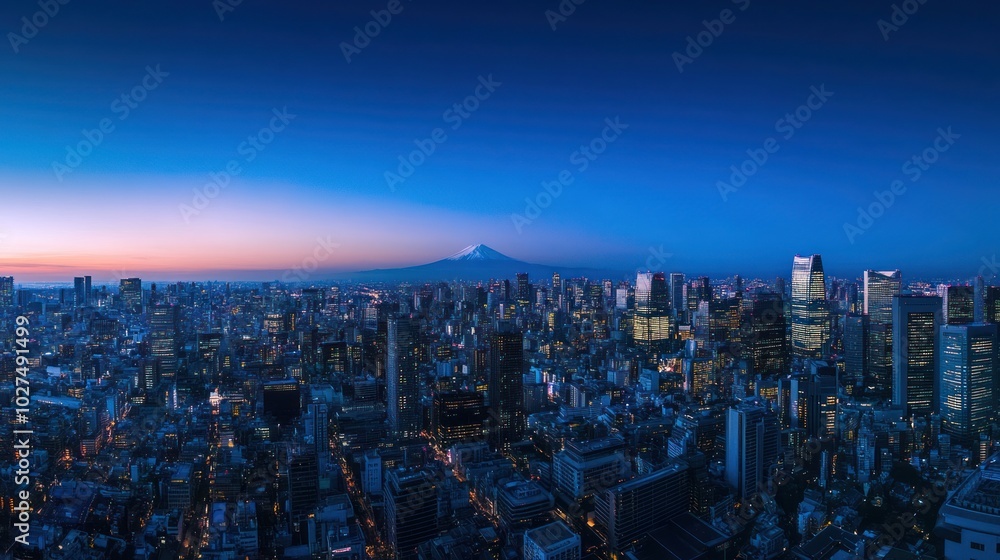 Naklejka premium Tokyo Skyline at Dusk with Mount Fuji in the Distance