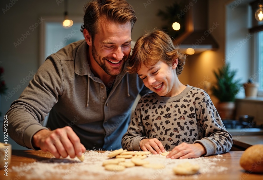 A man and a boy are making cookies together A man and a boy are making cookies together