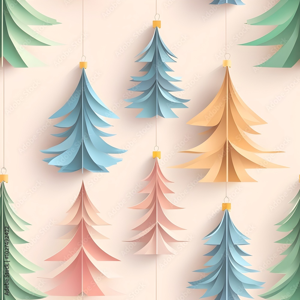 Obraz premium Colorful Paper-Cut Christmas Tree Ornaments Seamless Pattern for Holiday Flat Design