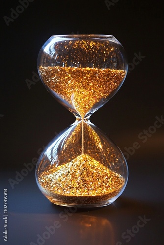 A clear glass hourglass with golden sand, against a dark background. 