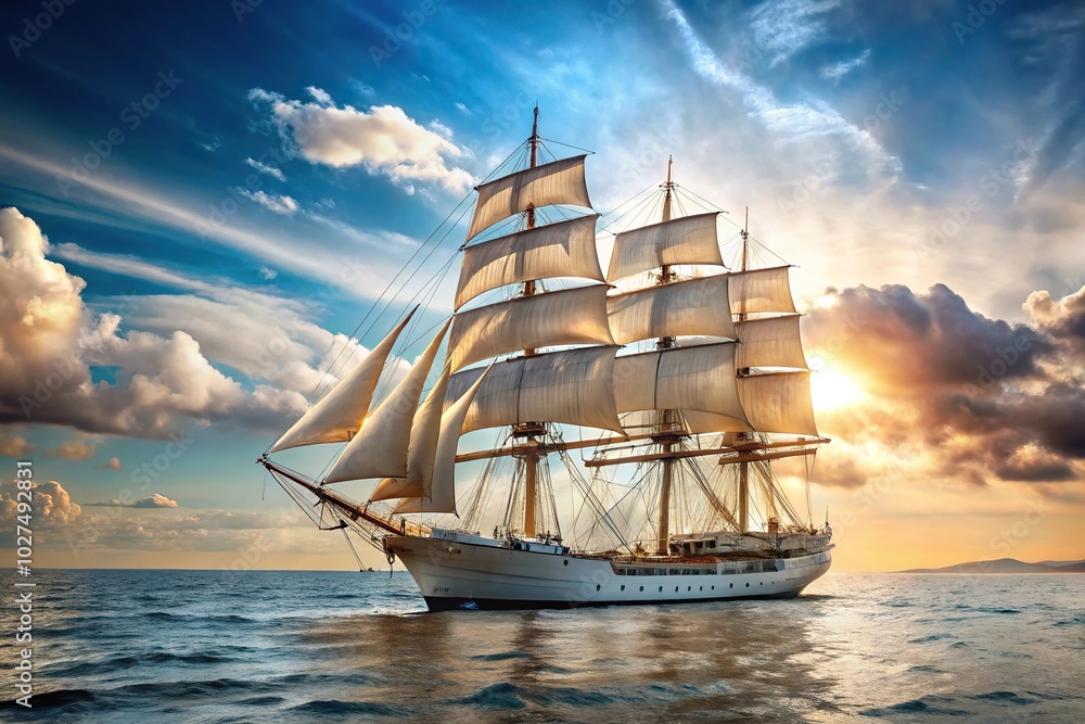 Fototapeta premium Concept = Close-Up Title of a vintage windjammer style ship with full sails on the open sea.
