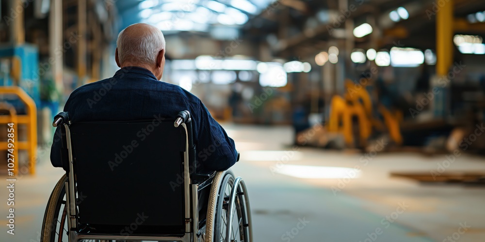 Obraz premium An elderly man sits in a wheelchair, gazing into the vast space of a sunlit industrial building, a poignant scene that underscores themes of reflection and change.