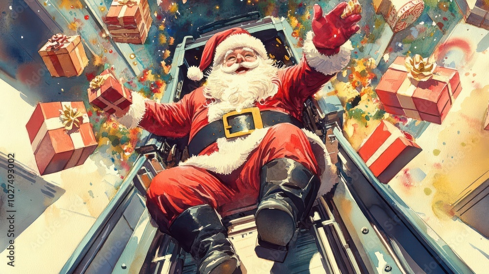 Fototapeta premium Illustrate a Birds-eye view of Santa in an oversized gift-wrapping machine, with exploding gifts in vibrant watercolors
