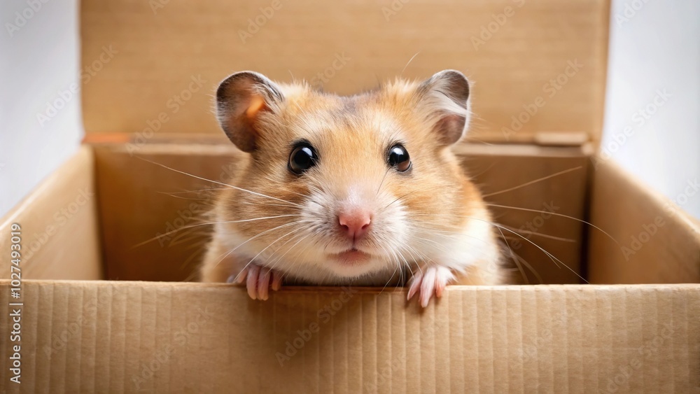 Obraz premium Concept = Title: Hamster exploring a cardboard box from eye level