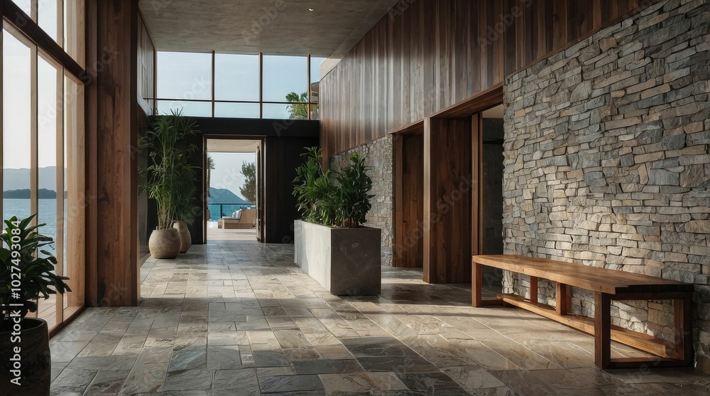 Obraz premium Coastal interior design of modern entrance hall with stone tiles wall and wooden rustic elements