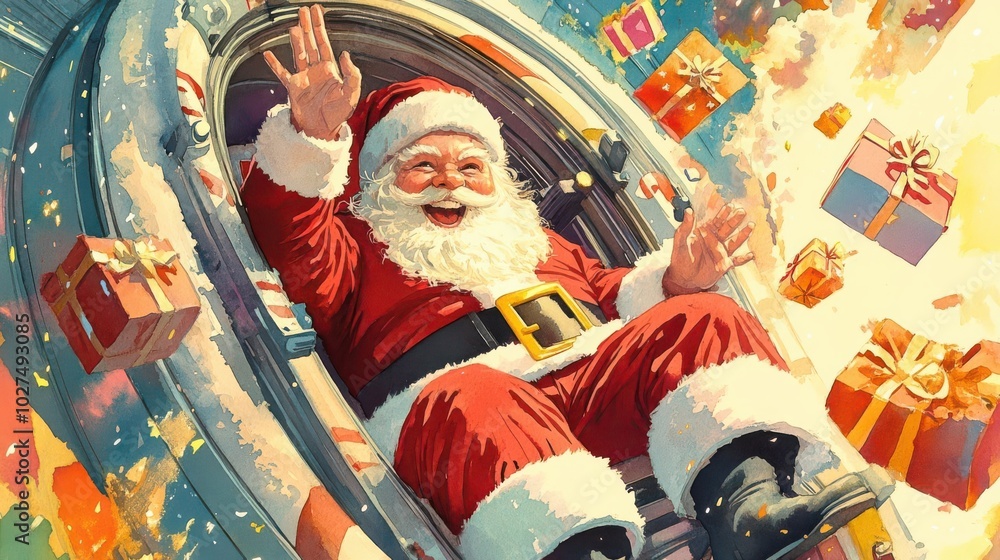 Illustrate a Birds-eye view of Santa in an oversized gift-wrapping machine, with exploding gifts in vibrant watercolors Illustrate a Birds-eye view of Santa in an oversized gift-wrapping machine, with exploding gifts in vibrant watercolors