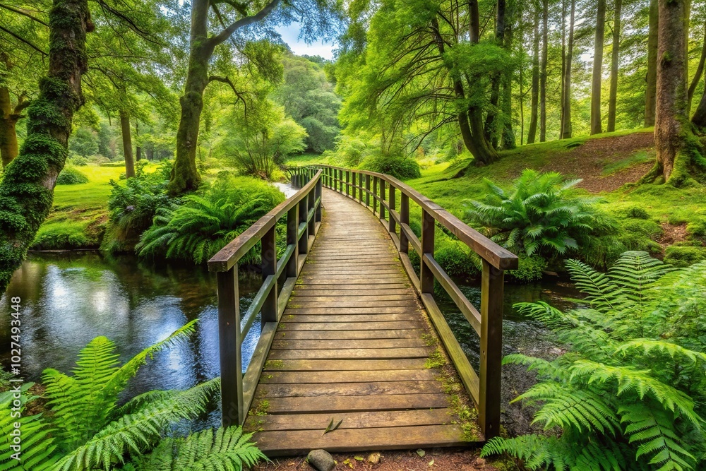 Obraz premium Concept: Silhouette path with a bridge crossing the river, trees, grass, and fern