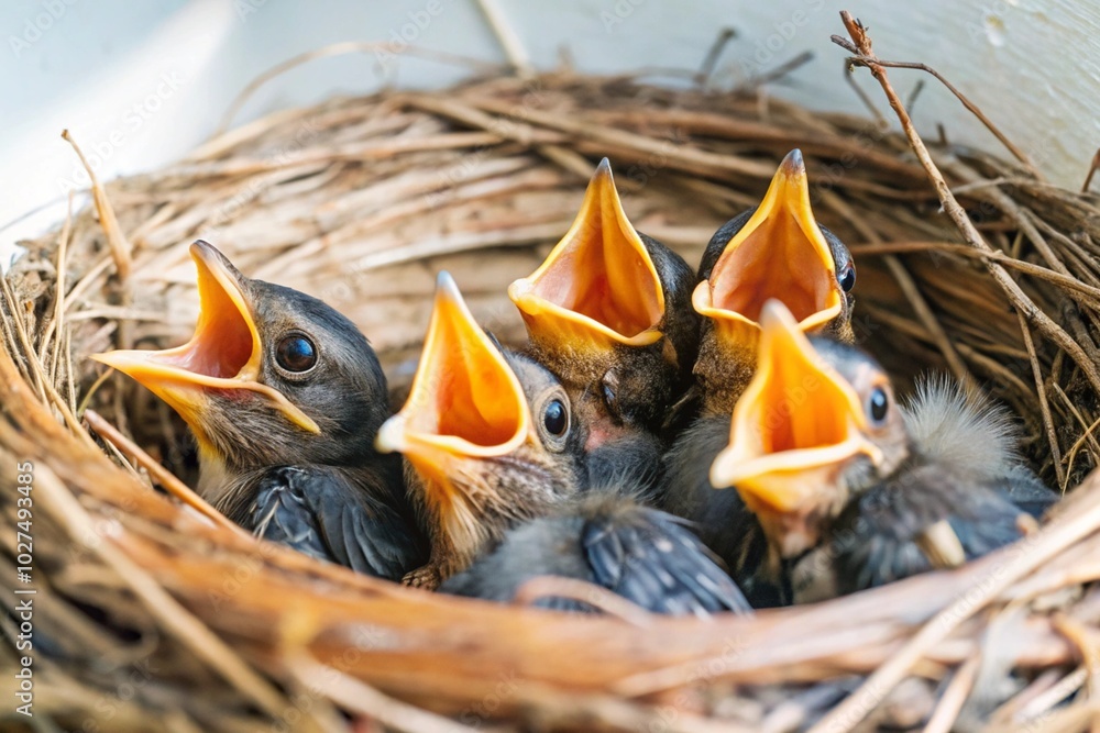 Feature a nest of baby birds peeking out from their nest, their beaks open wide, eager to be fed by their parent.
Feature a nest of baby birds peeking out from their nest, their beaks open wide, eager to be fed by their parent.
