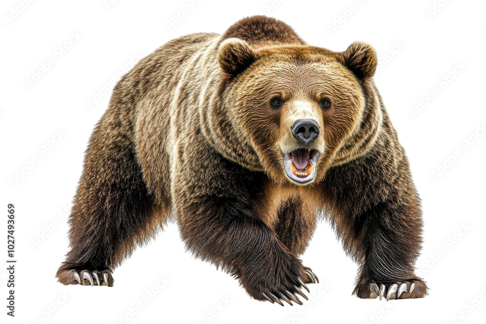 Fototapeta premium A powerful bear standing fiercely, showcasing its strength and wildness, isolated on a white background.