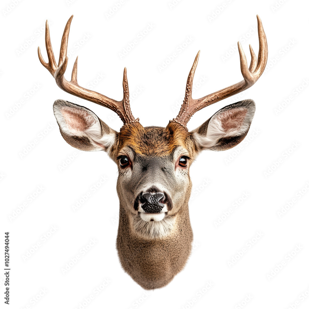 Deer head with impressive antlers, showcasing details and features, white isolate background. Deer head with impressive antlers, showcasing details and features, white isolate background.