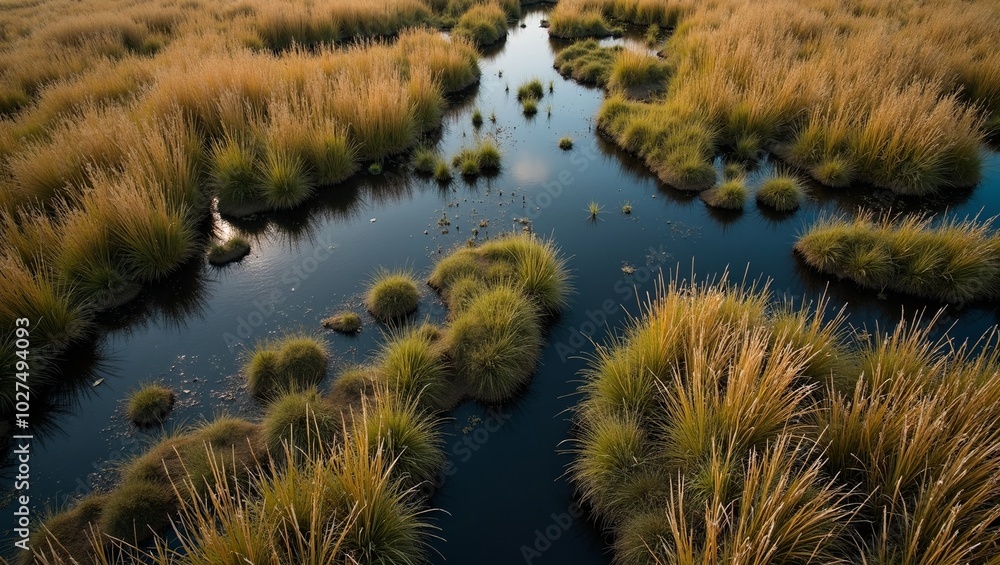 Tranquil marshland with meandering streams and tall grasses Tranquil marshland with meandering streams and tall grasses