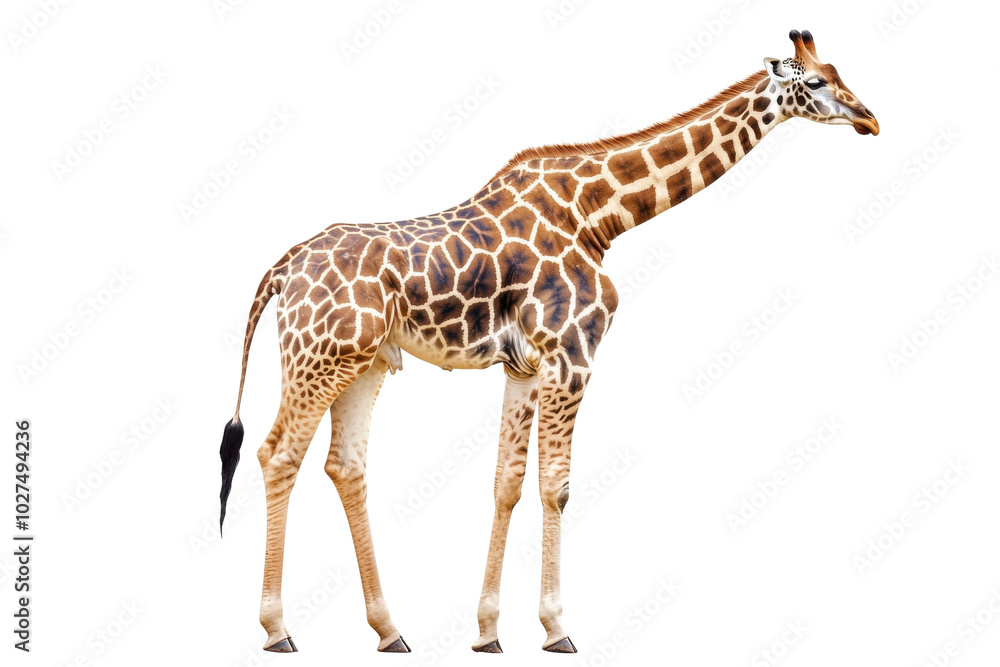 Obraz premium Giraffe standing tall on white isolated background.