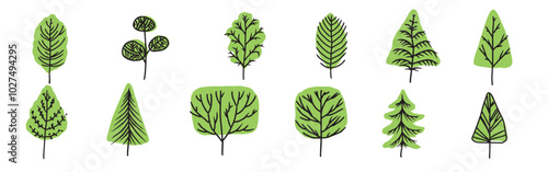 trees icons flat classical handdrawn 