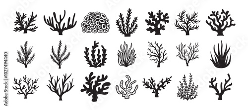 Coral silhouettes, seaweed black icon. Abstract organic corals shape, underwater plant, sea doodle. Cartoon marine floral isolated set 