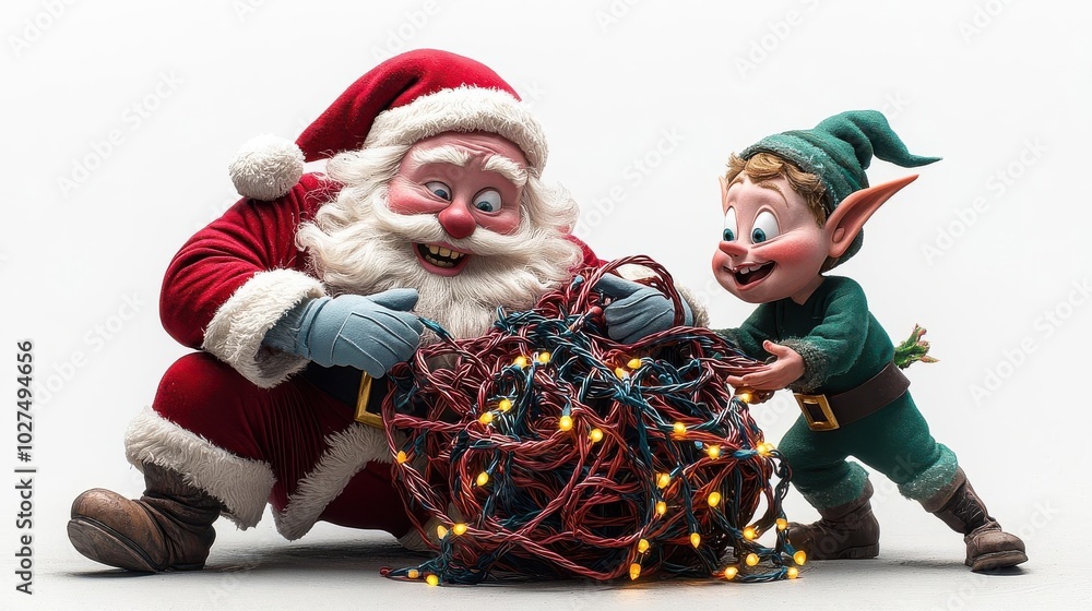 Depict a comical Santa grappling with tangled lights, accompanied by a sly elf The image should be vibrant and lively, suitable for a festive holiday greeting card Depict a comical Santa grappling with tangled lights, accompanied by a sly elf The image should be vibrant and lively, suitable for a festive holiday greeting card