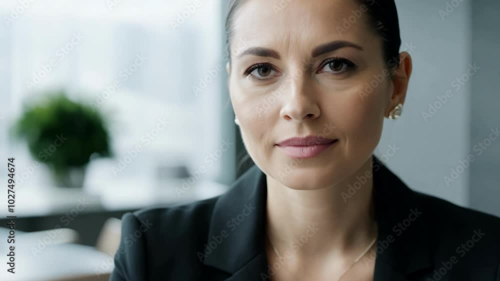 Confident businesswoman in black suit posing in modern office setting Confident businesswoman in black suit posing in modern office setting