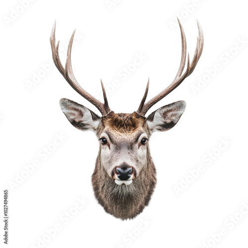 Realistic deer head with impressive antlers on a white isolated background. photo