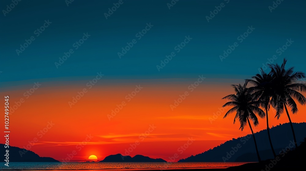 Tropical beach with palm trees, sunset, flat design illustration Tropical beach with palm trees, sunset, flat design illustration