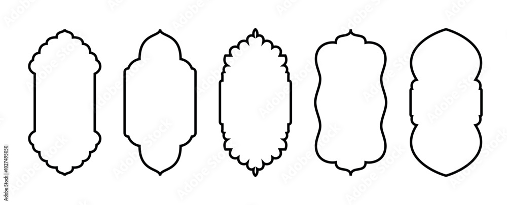 Ramadhan window frame shapes. Vector outline Islamic arch, door. Traditional black stroke symbols for decoration. Muslim ornament label. Moroccan design elements isolated on transparent background Ramadhan window frame shapes. Vector outline Islamic arch, door. Traditional black stroke symbols for decoration. Muslim ornament label. Moroccan design elements isolated on transparent background
