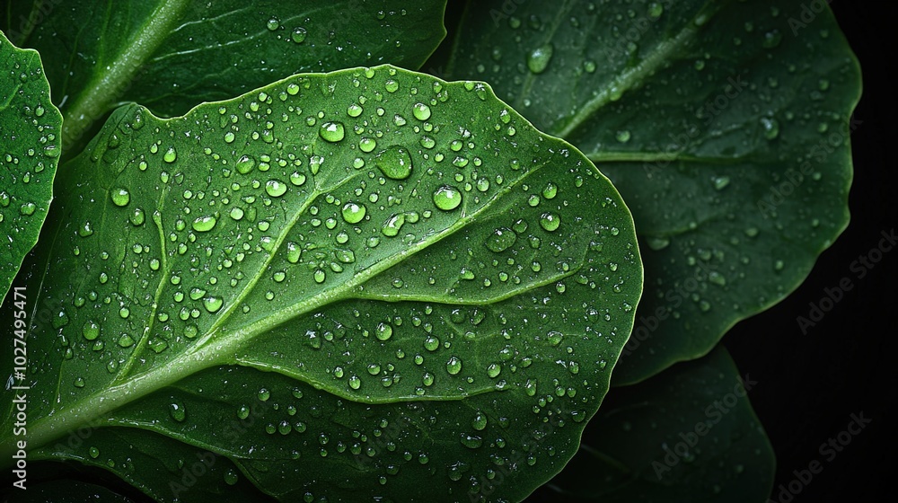Fresh Green Leaves with Water Droplets Close-Up Fresh Green Leaves with Water Droplets Close-Up
