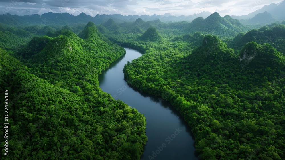 Pristine river running through a dense jungle valley, with steep, forested cliffs and lush greenery covering the landscape Pristine river running through a dense jungle valley, with steep, forested cliffs and lush greenery covering the landscape