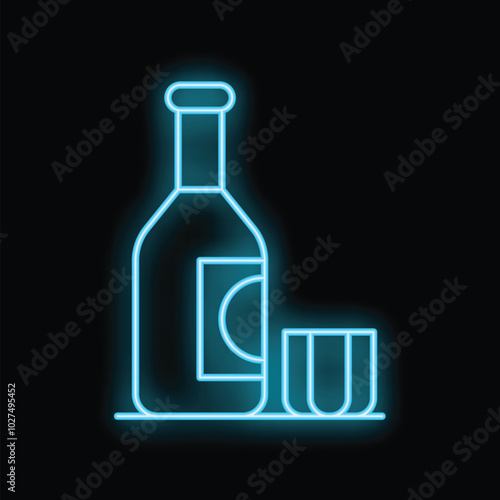 Minimalist blue neon icon of a bottle and a glass, representing wine tasting, bar ambiance, or nightlife