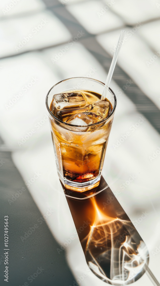 Refreshing iced drink in a glass with ice cubes and a black straw on a sunlit table Refreshing iced drink in a glass with ice cubes and a black straw on a sunlit table